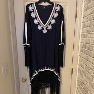 Navy Blue Ladies Fringed Caftan/Cover-Up sz 12